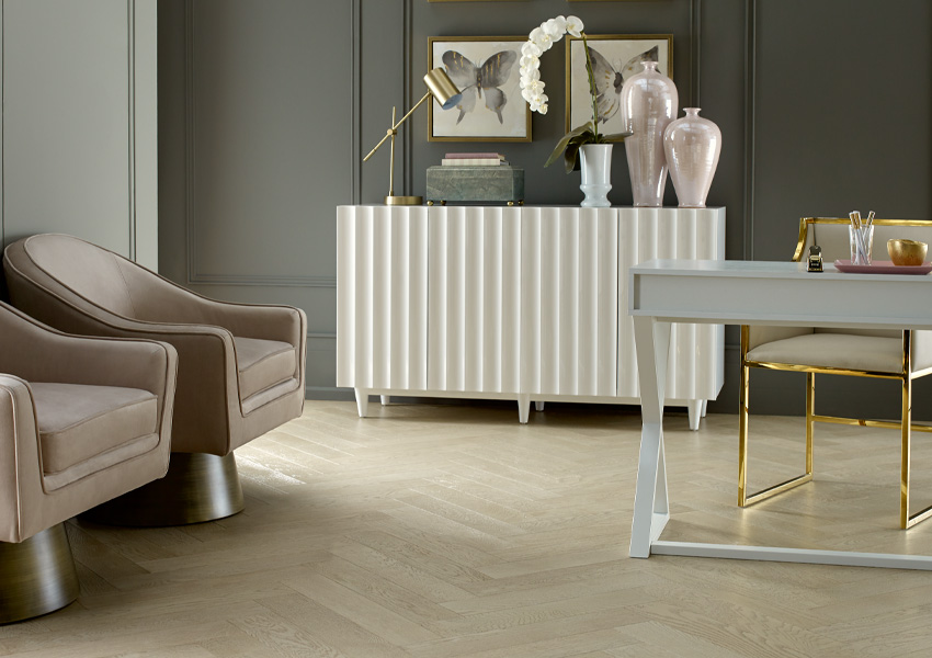 herringbone hardwood flooring in home office with contemporary decor